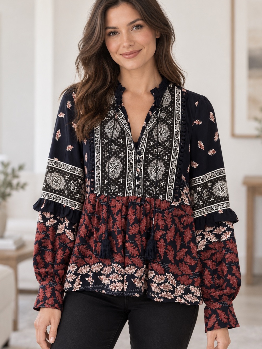 Sea New York Eloise 100% Silk Navy Red Mixed Print Peasant Blouse Long Sleeve 6
